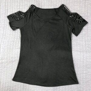 4/$15 Shirt Women Medium Black Lace Short Sleeve
